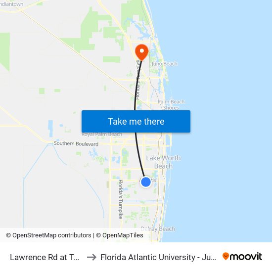 Lawrence Rd at Tallulah Rd to Florida Atlantic University - Jupiter Campus map