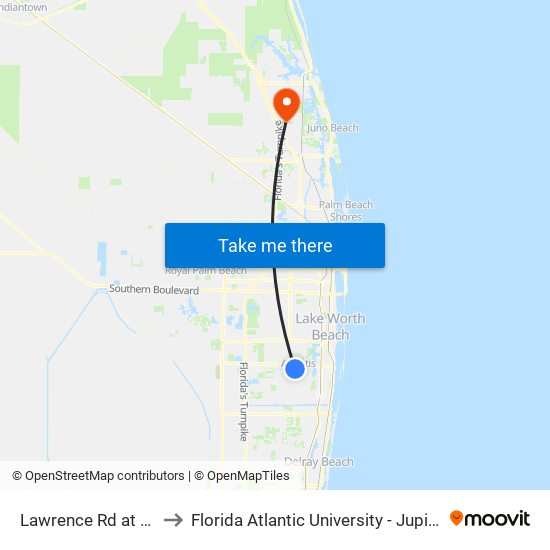 Lawrence Rd at 5th Ave to Florida Atlantic University - Jupiter Campus map