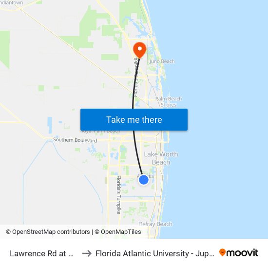 Lawrence Rd at  Ocala Rd to Florida Atlantic University - Jupiter Campus map