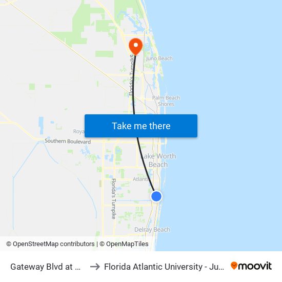 Gateway Blvd at NE 2nd St to Florida Atlantic University - Jupiter Campus map