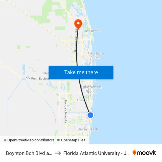 Boynton Bch Blvd at NE 3rd St to Florida Atlantic University - Jupiter Campus map