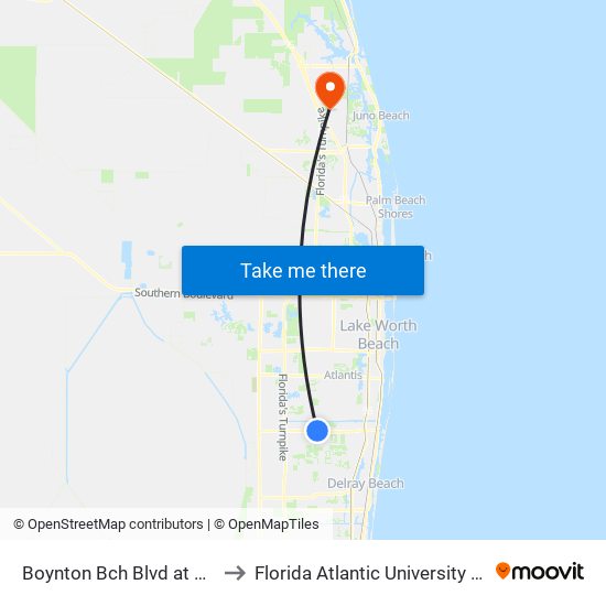 Boynton Bch Blvd at Sun Valley Blvd to Florida Atlantic University - Jupiter Campus map