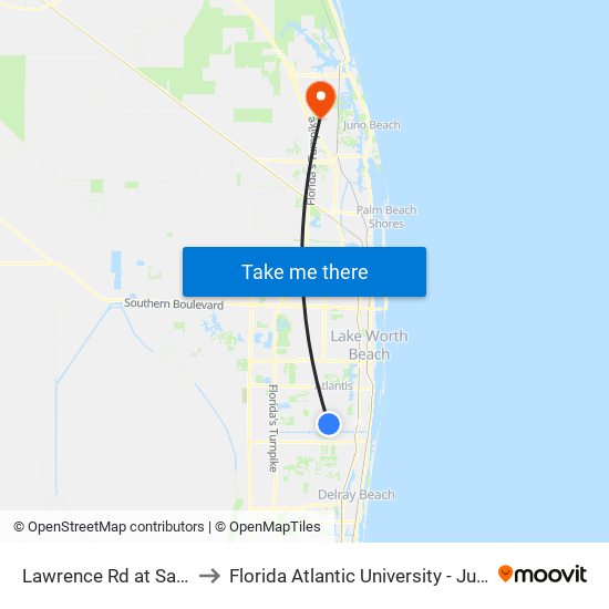 Lawrence Rd at  Sausalito  Dr to Florida Atlantic University - Jupiter Campus map