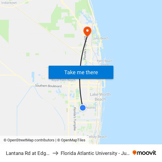 Lantana Rd at  Edgecliff Ave to Florida Atlantic University - Jupiter Campus map