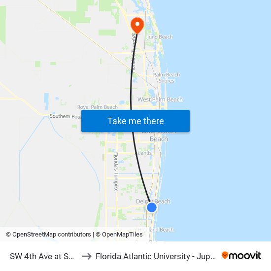 SW 4th Ave at SW 4th St to Florida Atlantic University - Jupiter Campus map