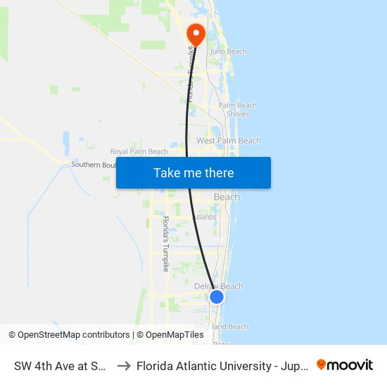 SW 4th Ave at SW 7th St to Florida Atlantic University - Jupiter Campus map