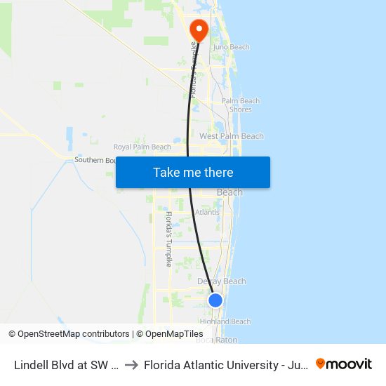 Lindell Blvd at SW 10th Ave to Florida Atlantic University - Jupiter Campus map