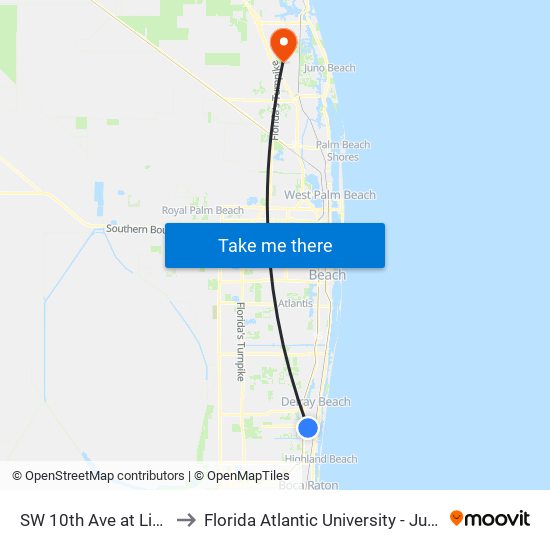 SW 10th Ave at Linton Blvd to Florida Atlantic University - Jupiter Campus map