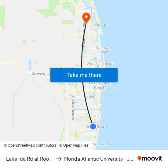 Lake Ida Rd at  Roosevelt Ave to Florida Atlantic University - Jupiter Campus map