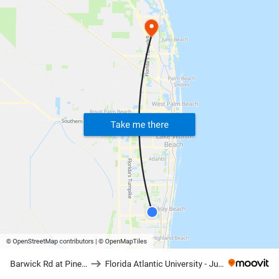 Barwick Rd at  Pine Grove Dr to Florida Atlantic University - Jupiter Campus map