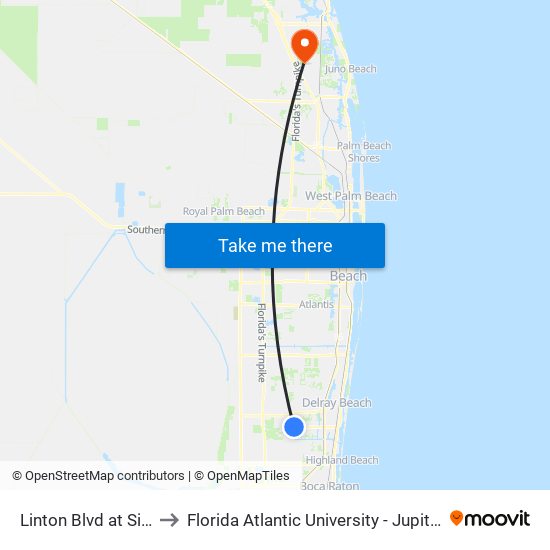 Linton Blvd at Sims Rd to Florida Atlantic University - Jupiter Campus map