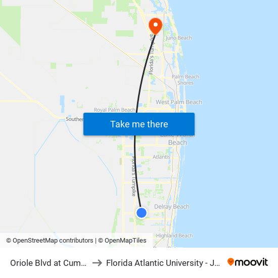 ORIOLE BLVD at CUMBERLAND DR to Florida Atlantic University - Jupiter Campus map