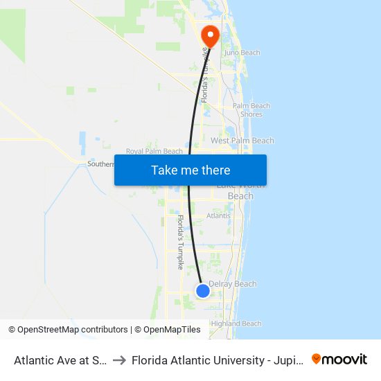 Atlantic Ave at Sims Rd to Florida Atlantic University - Jupiter Campus map