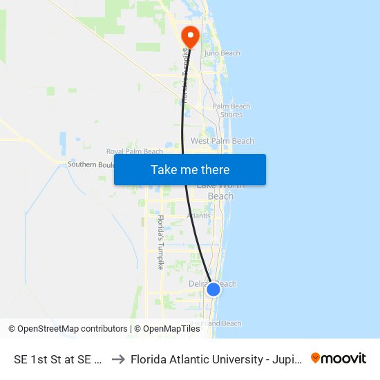 SE 1ST ST at SE 1ST AVE to Florida Atlantic University - Jupiter Campus map