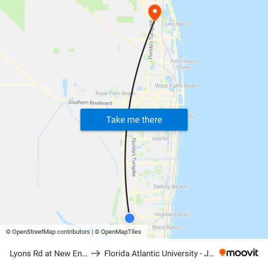 Lyons Rd at  New England Blvd to Florida Atlantic University - Jupiter Campus map