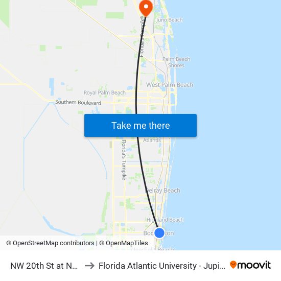 NW 20th St at NE 4th St to Florida Atlantic University - Jupiter Campus map