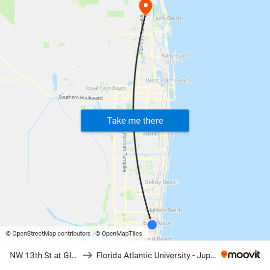 NW 13th St at Glades Rd to Florida Atlantic University - Jupiter Campus map