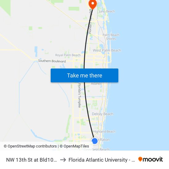 NW 13th St at Bld1001/Boca Vlg to Florida Atlantic University - Jupiter Campus map