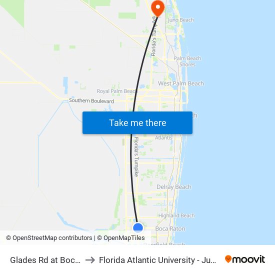 Glades Rd at Boca Rio Rd to Florida Atlantic University - Jupiter Campus map