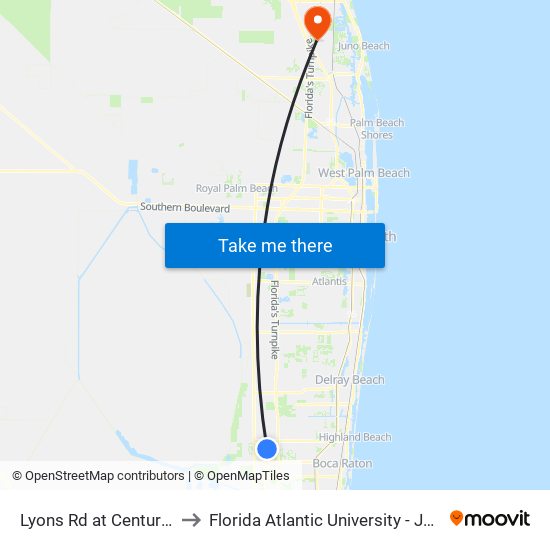 LYONS RD at  CENTURY VLG BLVD to Florida Atlantic University - Jupiter Campus map