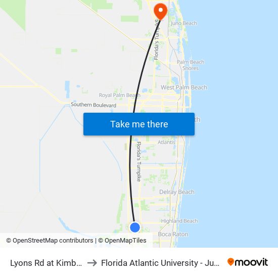 Lyons Rd at  Kimberly Blvd to Florida Atlantic University - Jupiter Campus map