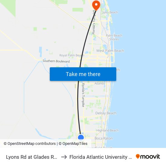 LYONS RD at  GLADES RD BF RT-TURN LN to Florida Atlantic University - Jupiter Campus map