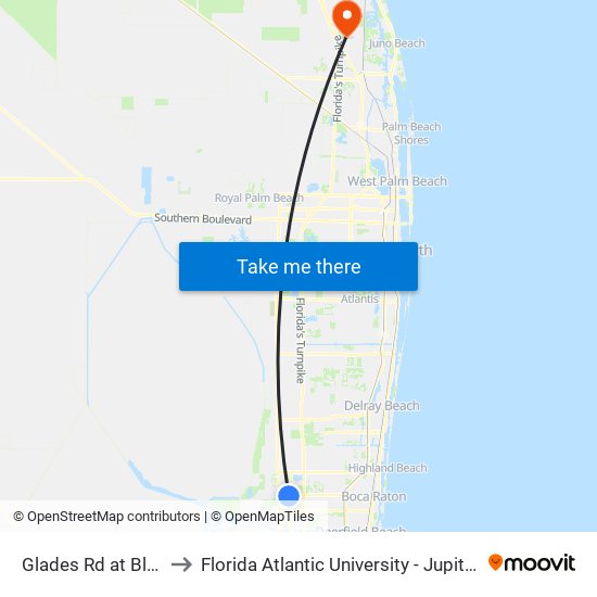 Glades Rd at Bld9250 to Florida Atlantic University - Jupiter Campus map