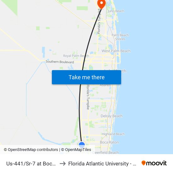 Us-441/Sr-7 at Boca Woods Ln to Florida Atlantic University - Jupiter Campus map
