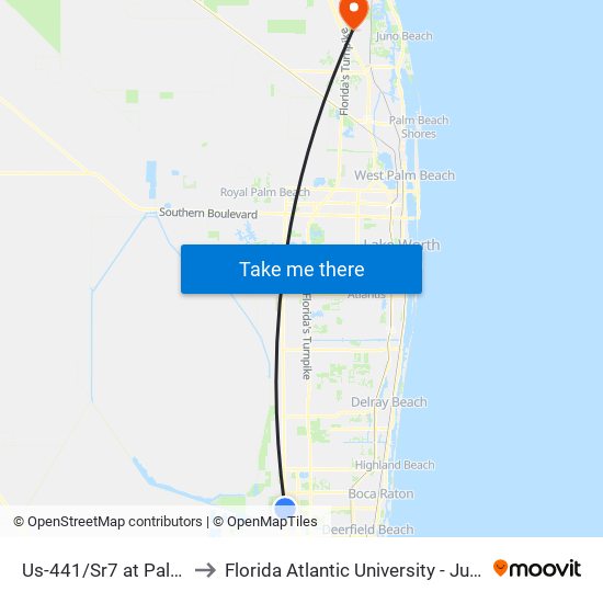 Us-441/Sr7 at Palmetto Rd to Florida Atlantic University - Jupiter Campus map