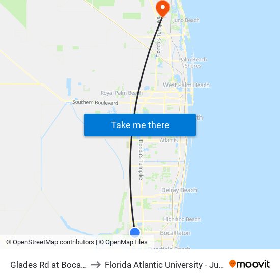 Glades Rd at Boca Ridge Dr to Florida Atlantic University - Jupiter Campus map