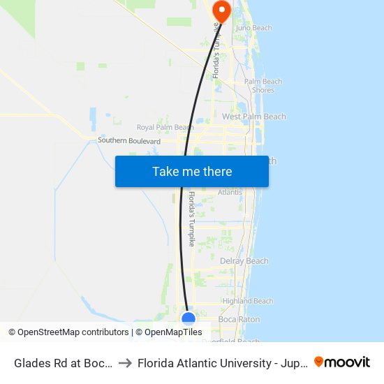 Glades Rd at Boca Lakes to Florida Atlantic University - Jupiter Campus map