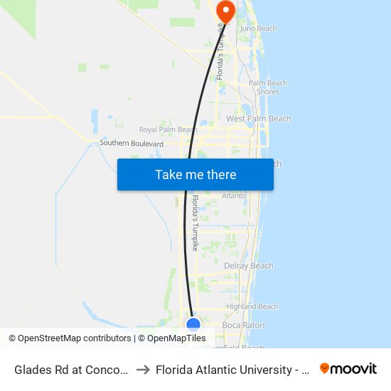 Glades Rd at Concord Green Cir to Florida Atlantic University - Jupiter Campus map