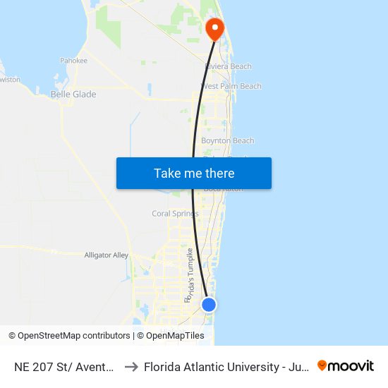 NE 207 St/ Aventura Lakes to Florida Atlantic University - Jupiter Campus map