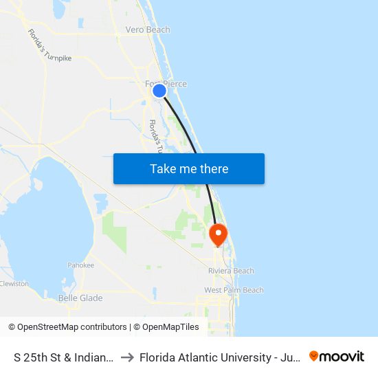 S 25th St & Indiana Avenue to Florida Atlantic University - Jupiter Campus map