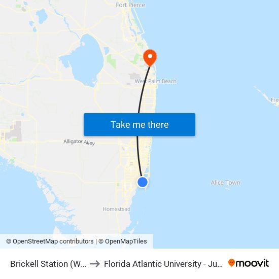 Brickell Station (West Side) to Florida Atlantic University - Jupiter Campus map