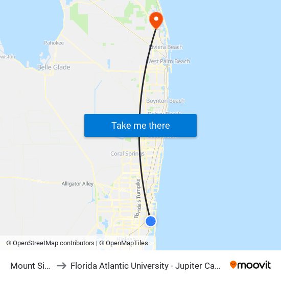 Mount Sinai to Florida Atlantic University - Jupiter Campus map