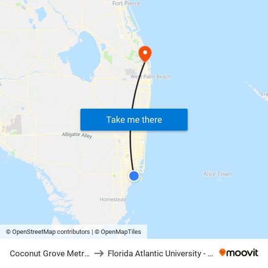 Coconut Grove Metrorail Station to Florida Atlantic University - Jupiter Campus map