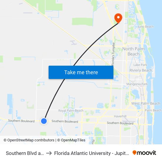 Southern Blvd at B Rd to Florida Atlantic University - Jupiter Campus map