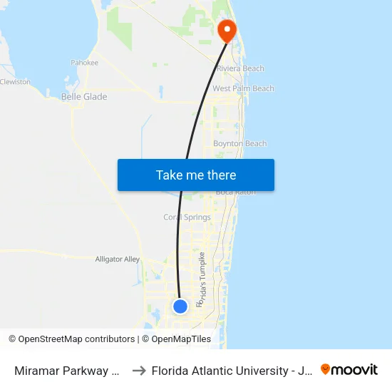 Miramar Parkway & Red Road to Florida Atlantic University - Jupiter Campus map