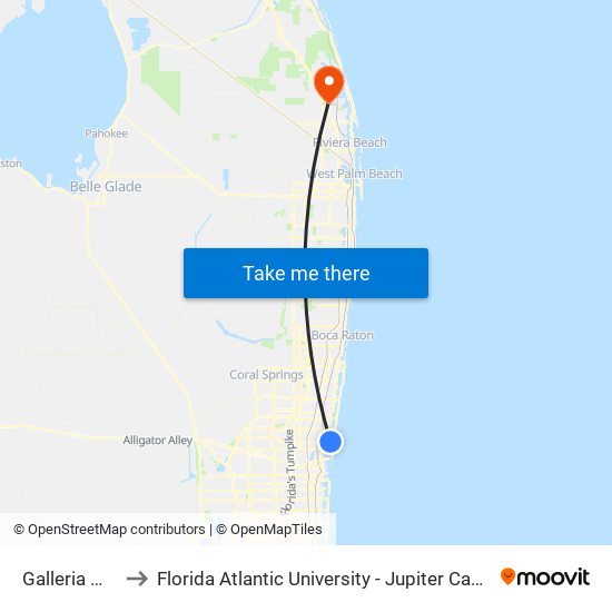 Galleria Mall to Florida Atlantic University - Jupiter Campus map