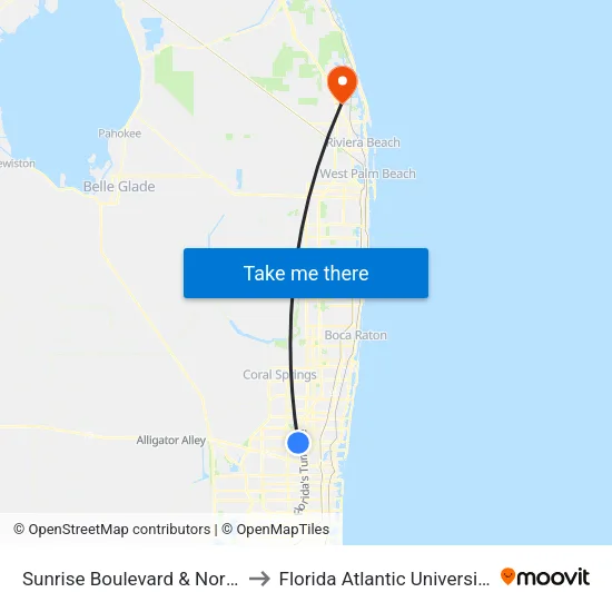 Sunrise Boulevard & Northwest 56th Avenue to Florida Atlantic University - Jupiter Campus map