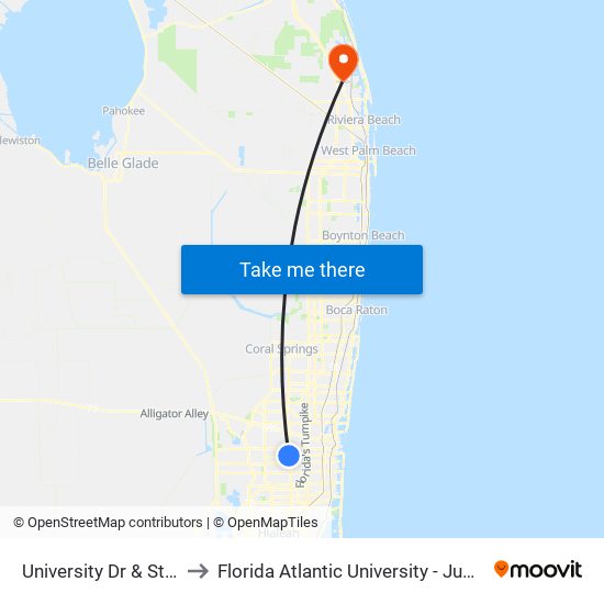 University Dr & Stirling Rd to Florida Atlantic University - Jupiter Campus map