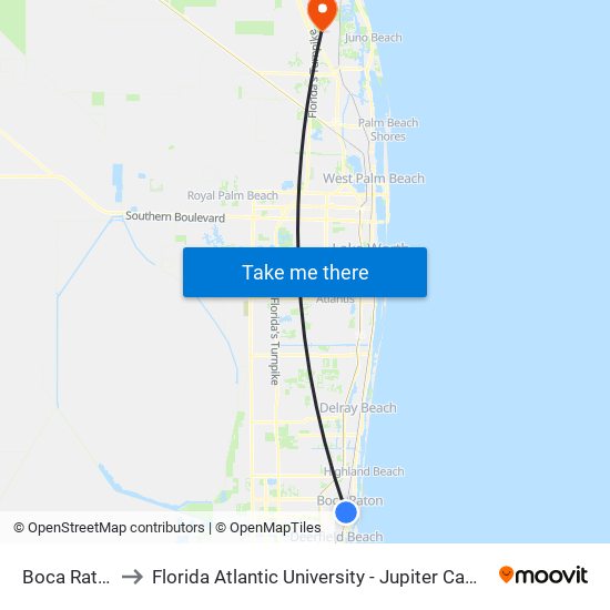 Boca Raton to Florida Atlantic University - Jupiter Campus map