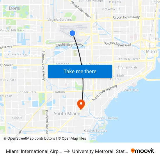 Miami International Airport to University Metrorail Station map