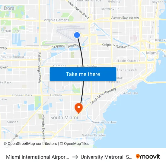 Miami International Airport Hotel to University Metrorail Station map