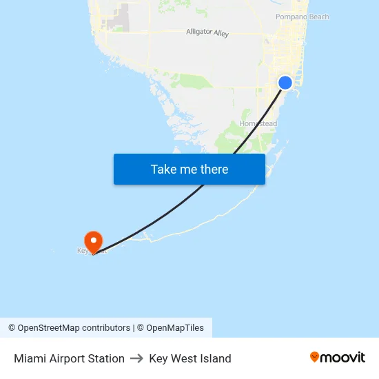 Miami Airport Station to Key West Island map