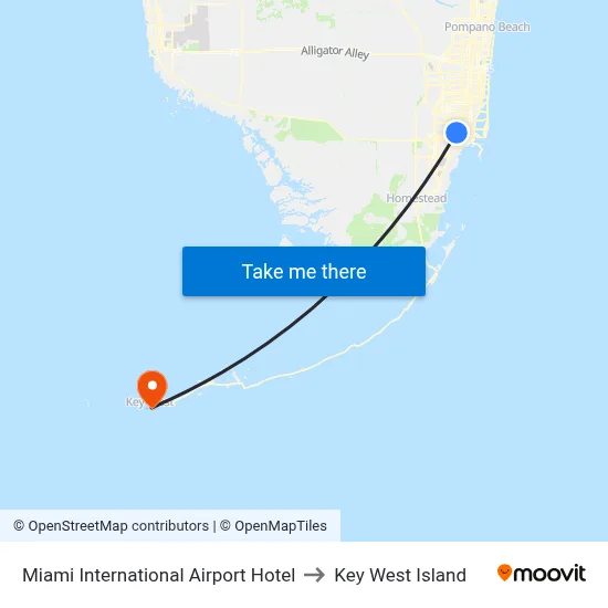 Miami International Airport Hotel to Key West Island map