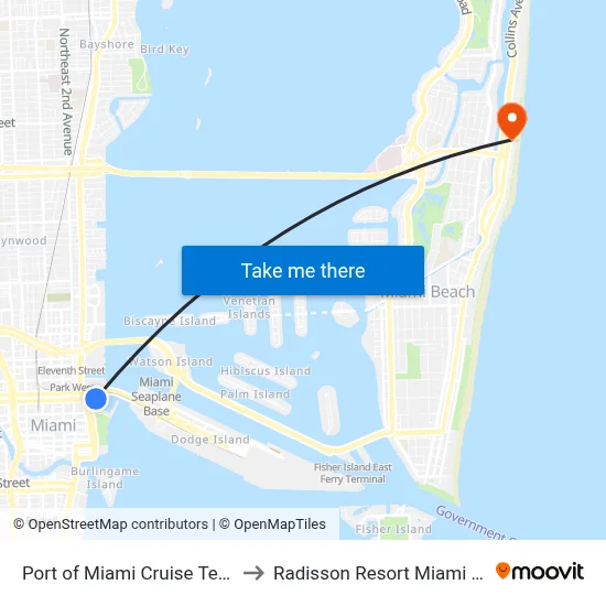 Port of Miami Cruise Terminal to Radisson Resort Miami Beach map