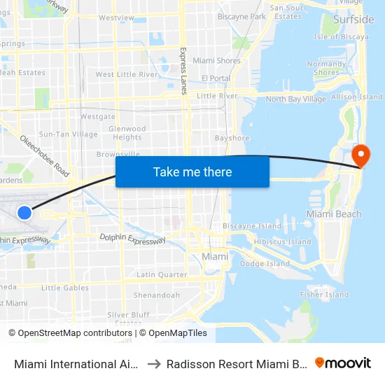 Miami International Airport to Radisson Resort Miami Beach map