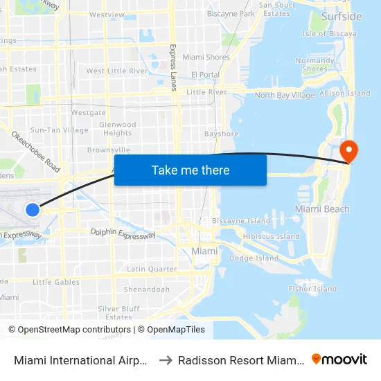 Miami International Airport Hotel to Radisson Resort Miami Beach map